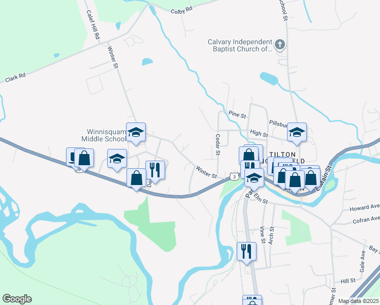 map of restaurants, bars, coffee shops, grocery stores, and more near 37 Winter Street in Tilton