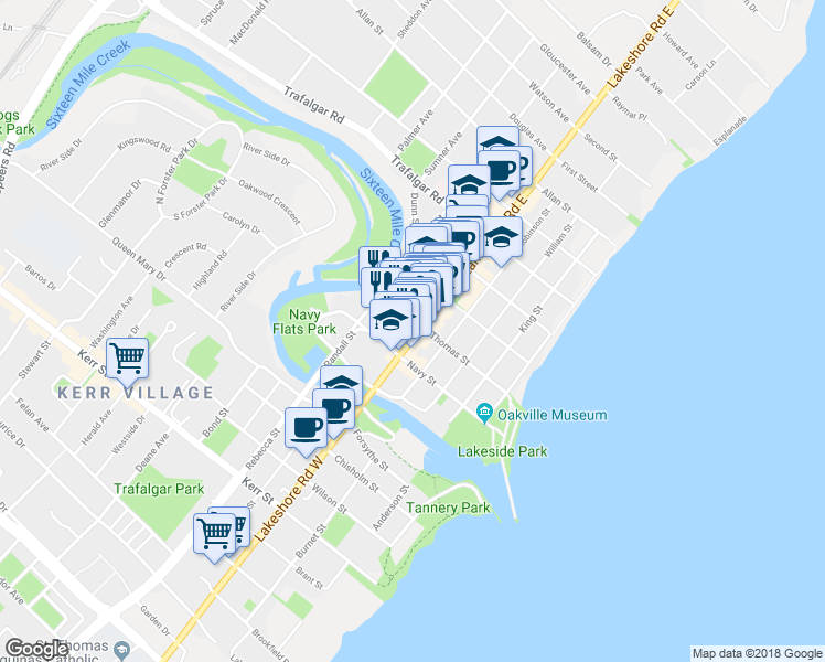 map of restaurants, bars, coffee shops, grocery stores, and more near in Oakville