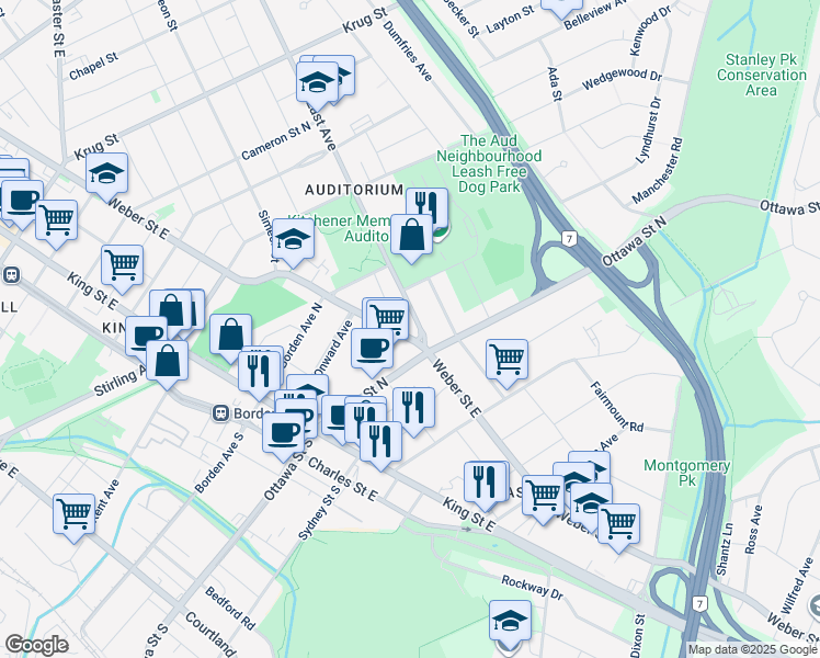 map of restaurants, bars, coffee shops, grocery stores, and more near 489 East Avenue in Kitchener