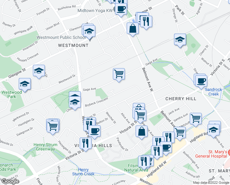 map of restaurants, bars, coffee shops, grocery stores, and more near 87 Brybeck Crescent in Kitchener