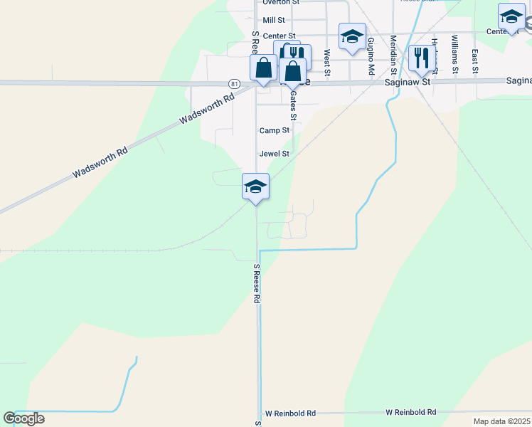 map of restaurants, bars, coffee shops, grocery stores, and more near 2185 South Reese Road in Reese