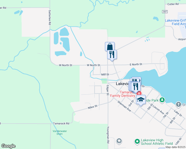 map of restaurants, bars, coffee shops, grocery stores, and more near 205 Mill Street in Lakeview
