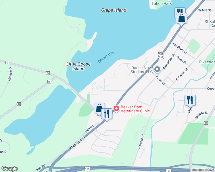 map of restaurants, bars, coffee shops, grocery stores, and more near 110 Lake Crest Drive in Beaver Dam