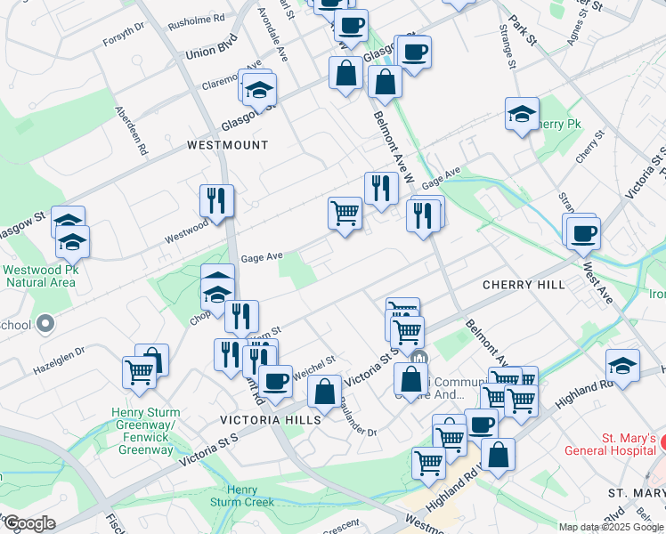 map of restaurants, bars, coffee shops, grocery stores, and more near 76 Brybeck Crescent in Kitchener