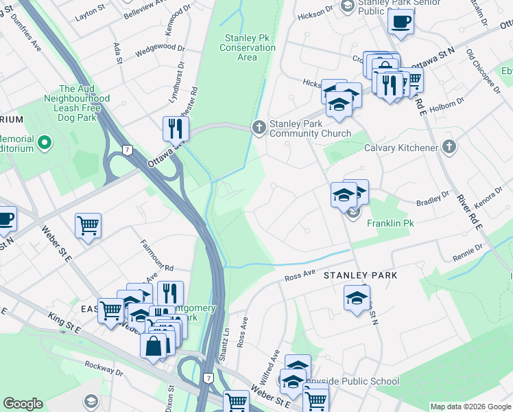 map of restaurants, bars, coffee shops, grocery stores, and more near 75 Dalewood Drive in Kitchener