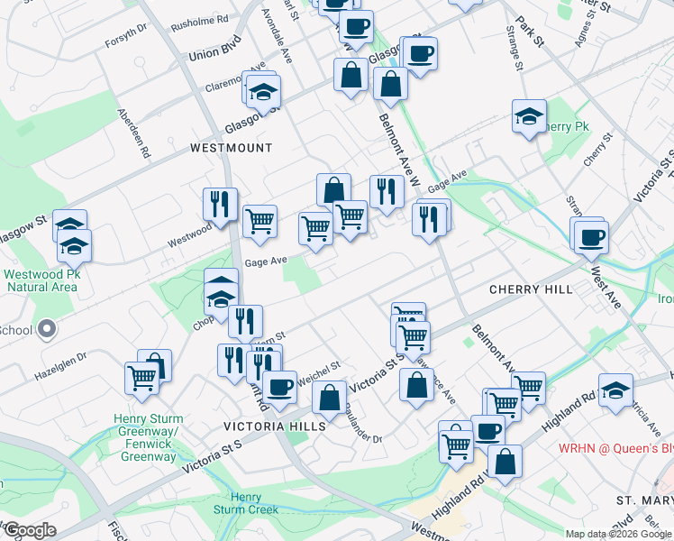 map of restaurants, bars, coffee shops, grocery stores, and more near 76 Brybeck Crescent in Kitchener