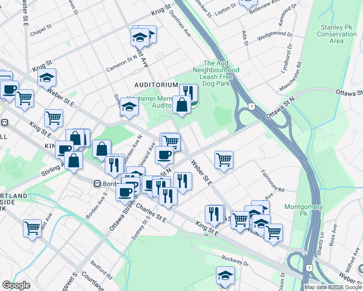 map of restaurants, bars, coffee shops, grocery stores, and more near 487 East Avenue in Kitchener