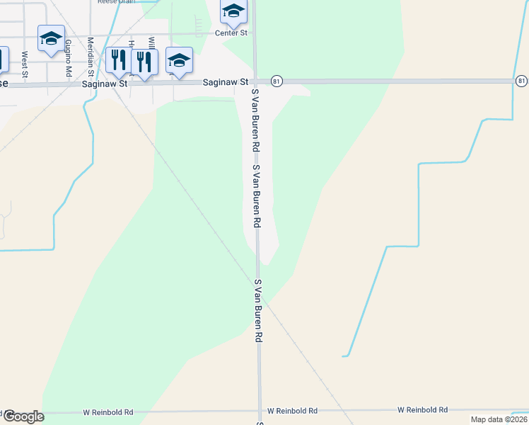 map of restaurants, bars, coffee shops, grocery stores, and more near 2208 South Van Buren Road in Reese