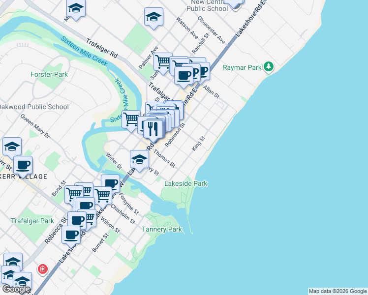 map of restaurants, bars, coffee shops, grocery stores, and more near 214 William Street in Oakville