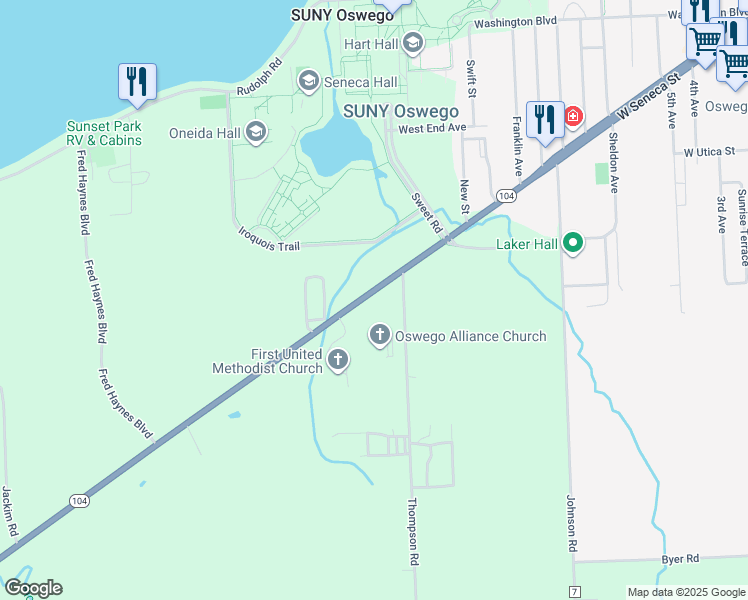 map of restaurants, bars, coffee shops, grocery stores, and more near 7097 New York 104 in Oswego