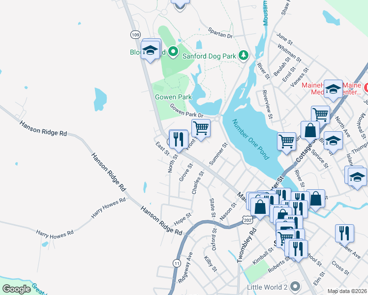 map of restaurants, bars, coffee shops, grocery stores, and more near 3 Grove Street in Sanford