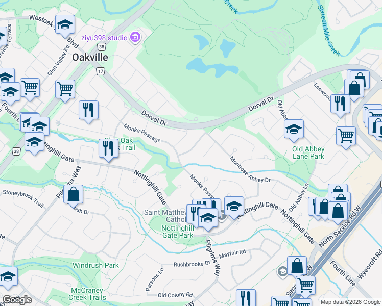 map of restaurants, bars, coffee shops, grocery stores, and more near 1026 Oak Meadow Road in Oakville