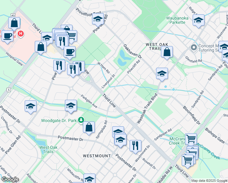 map of restaurants, bars, coffee shops, grocery stores, and more near 2274 Hummingbird Way in Oakville