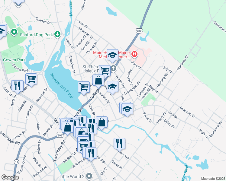 map of restaurants, bars, coffee shops, grocery stores, and more near 84 Brook Street in Sanford