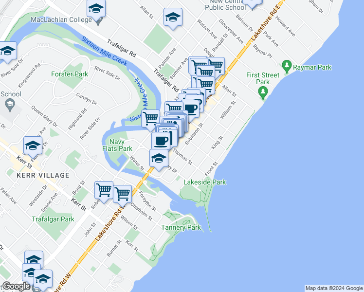 map of restaurants, bars, coffee shops, grocery stores, and more near 77 Thomas Street in Oakville
