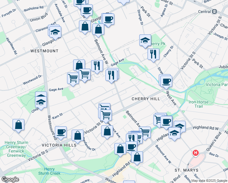 map of restaurants, bars, coffee shops, grocery stores, and more near 98 Adelaide Street in Kitchener