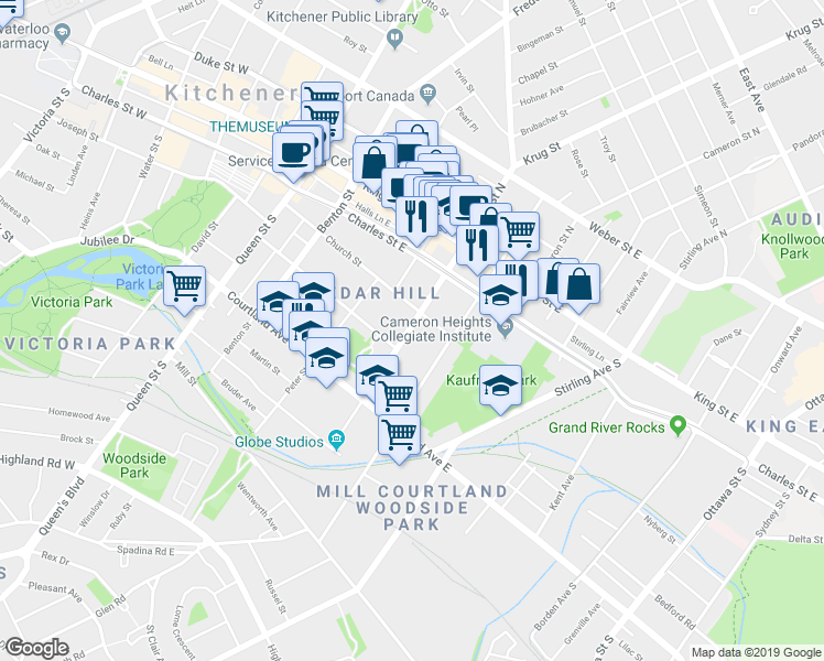 map of restaurants, bars, coffee shops, grocery stores, and more near 3 Cedar Street South in Kitchener