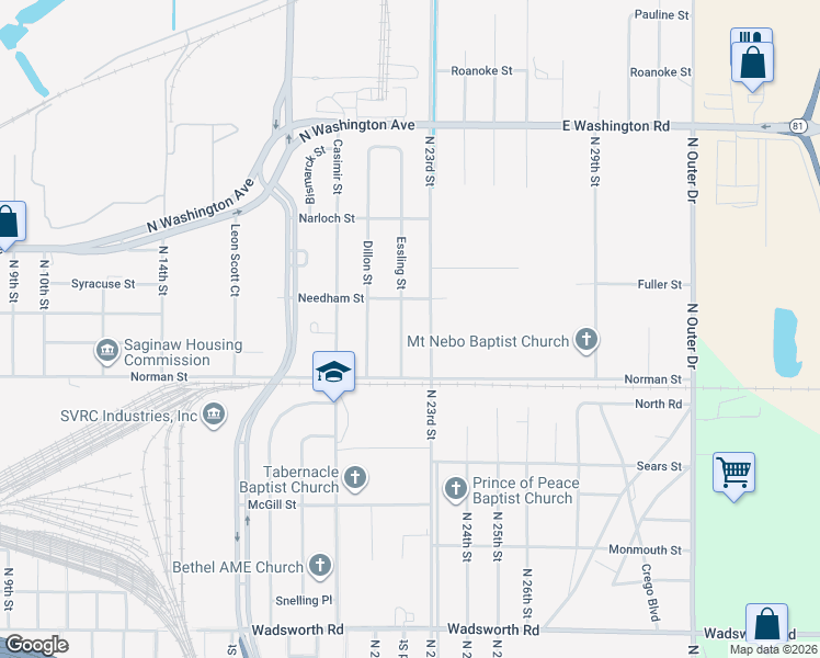 map of restaurants, bars, coffee shops, grocery stores, and more near 1131 North 23rd Street in Saginaw