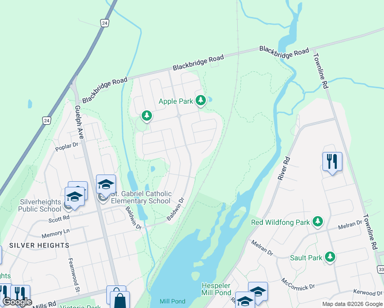 map of restaurants, bars, coffee shops, grocery stores, and more near 206 Baldwin Drive in Cambridge