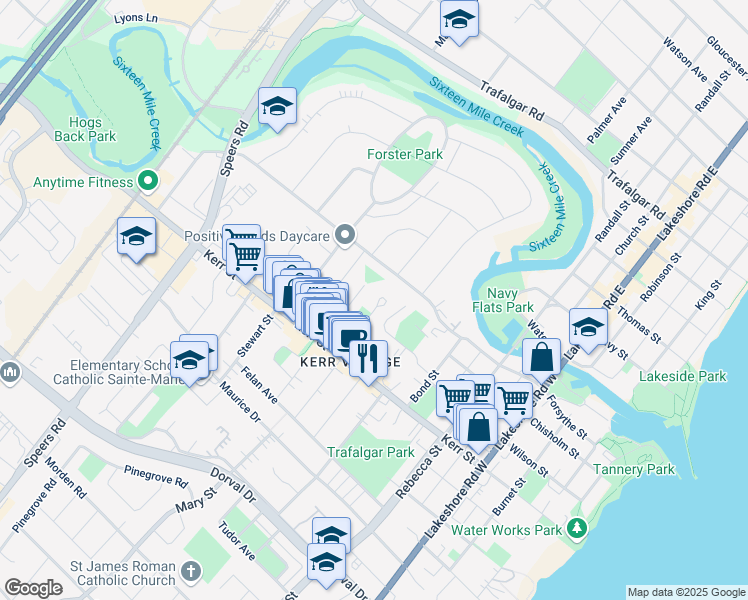 map of restaurants, bars, coffee shops, grocery stores, and more near 17 Normandy Place in Oakville