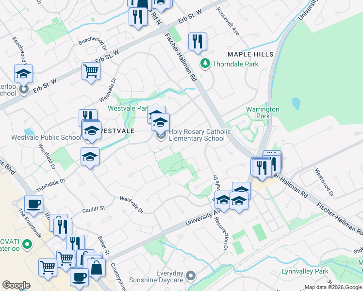 map of restaurants, bars, coffee shops, grocery stores, and more near 482 Red River Drive in Waterloo