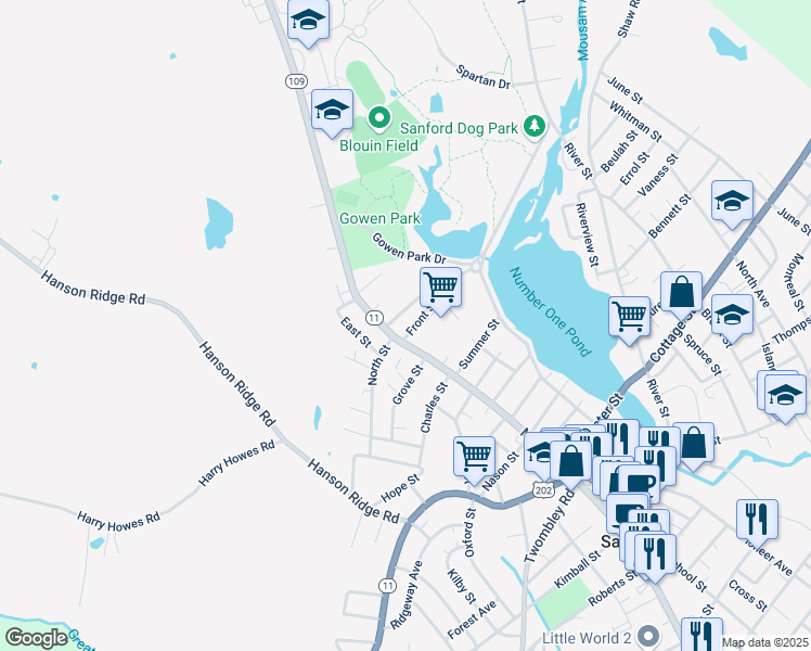 map of restaurants, bars, coffee shops, grocery stores, and more near 3 Grove Street in Sanford