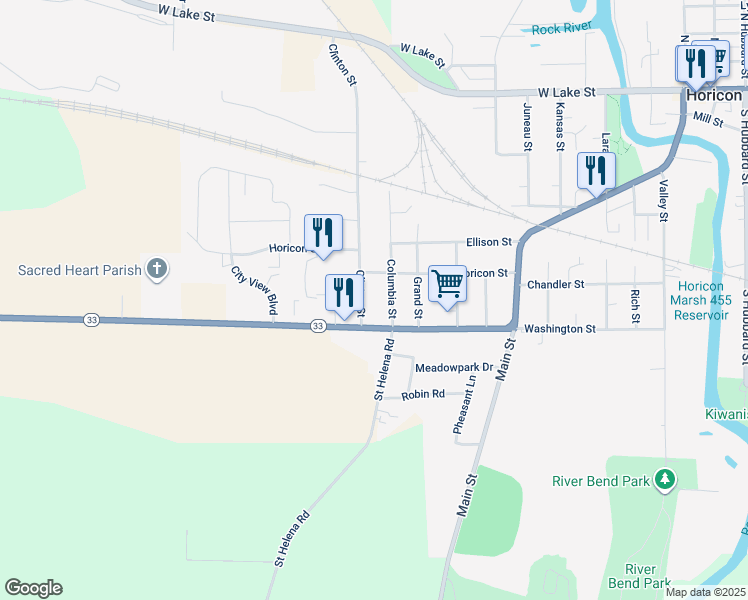 map of restaurants, bars, coffee shops, grocery stores, and more near 806 Columbia Street in Horicon