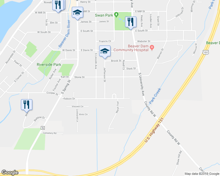 map of restaurants, bars, coffee shops, grocery stores, and more near 112 Mallard Circle in Beaver Dam