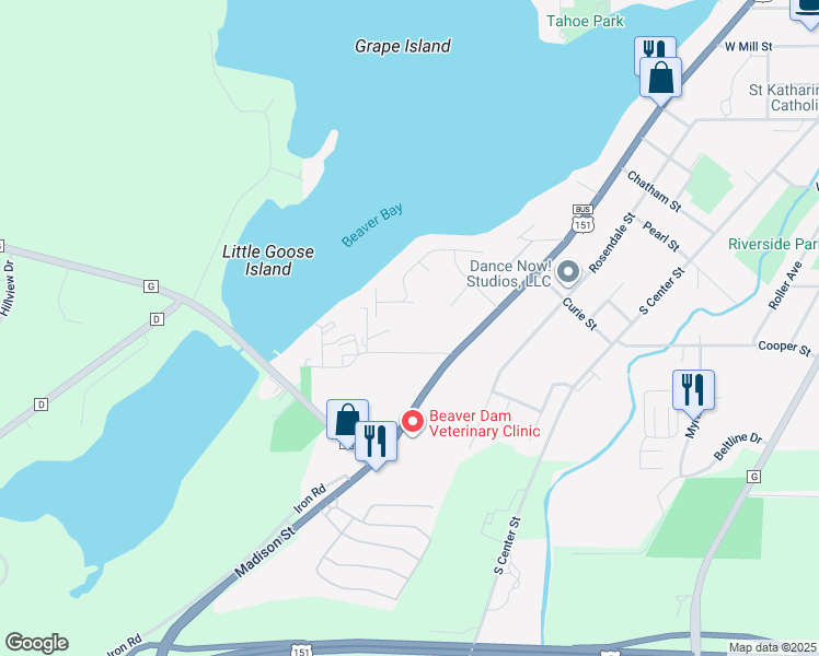 map of restaurants, bars, coffee shops, grocery stores, and more near 104 Lake Crest Drive in Beaver Dam