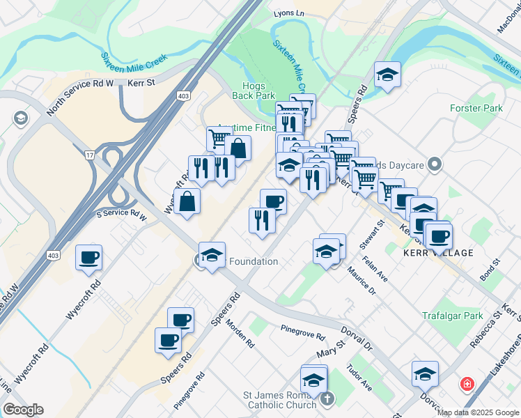 map of restaurants, bars, coffee shops, grocery stores, and more near 4-209 Speers Road in Oakville