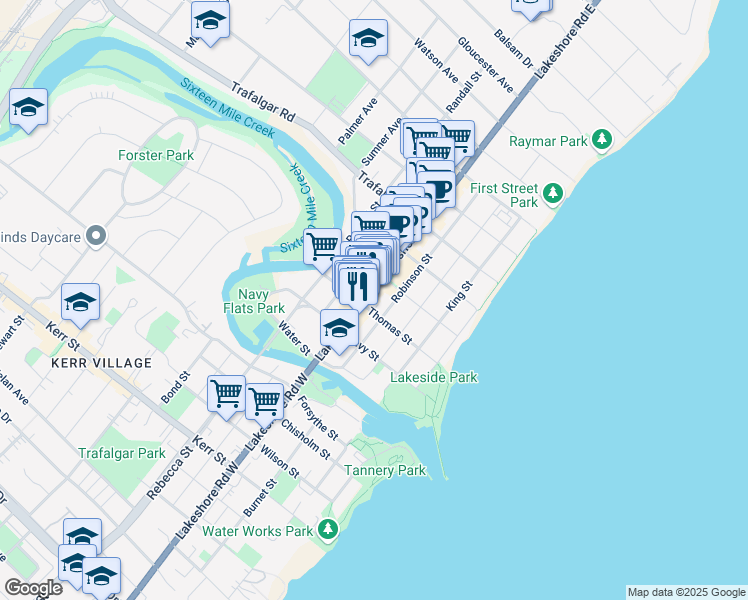 map of restaurants, bars, coffee shops, grocery stores, and more near 77 Thomas Street in Oakville