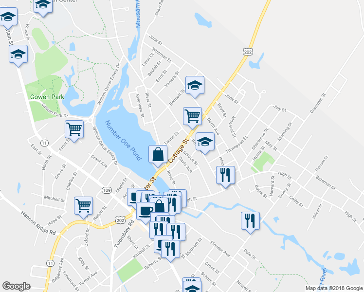 map of restaurants, bars, coffee shops, grocery stores, and more near 47 Cottage Street in Sanford
