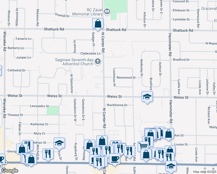 map of restaurants, bars, coffee shops, grocery stores, and more near 4936 Weiss Street in Saginaw
