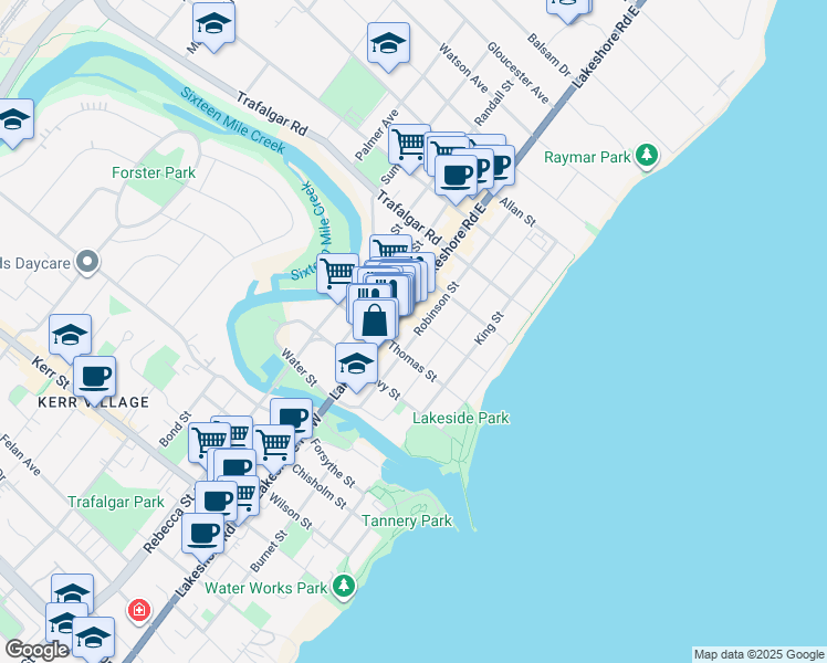 map of restaurants, bars, coffee shops, grocery stores, and more near 185 Robinson Street in Oakville