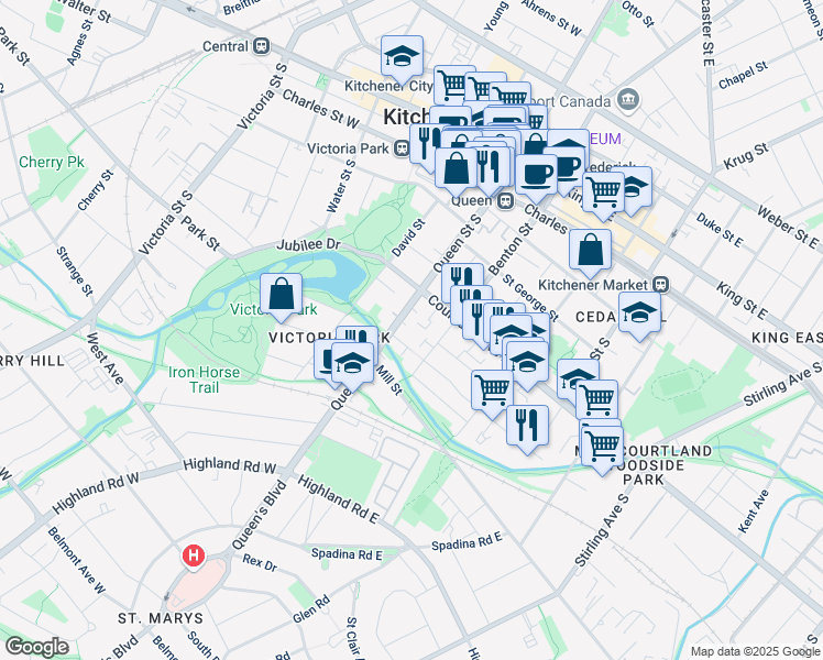 map of restaurants, bars, coffee shops, grocery stores, and more near 176 Benton Street in Kitchener