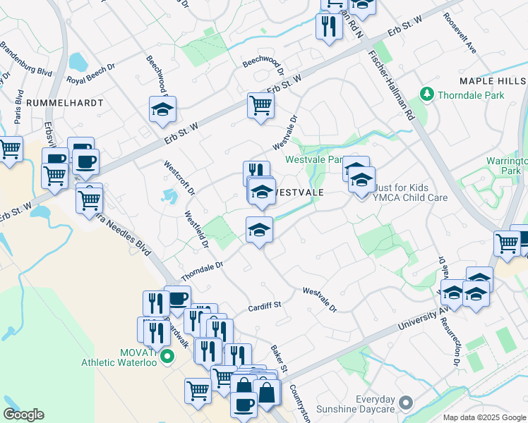 map of restaurants, bars, coffee shops, grocery stores, and more near 265 Westvale Drive in Waterloo