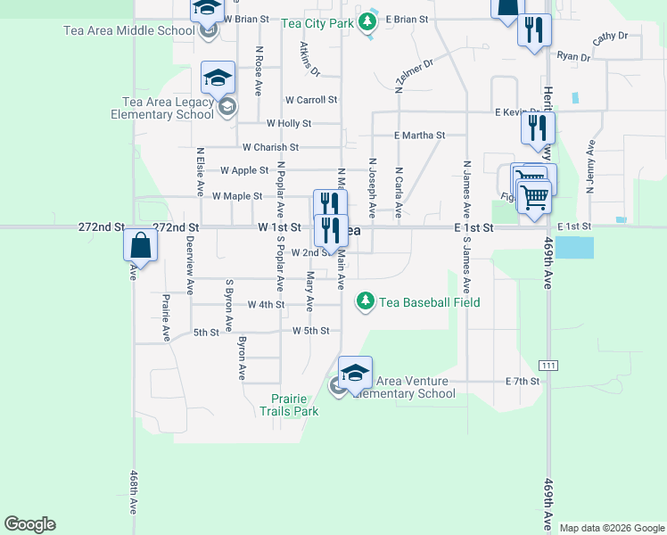 map of restaurants, bars, coffee shops, grocery stores, and more near 245 South Main Avenue in Tea