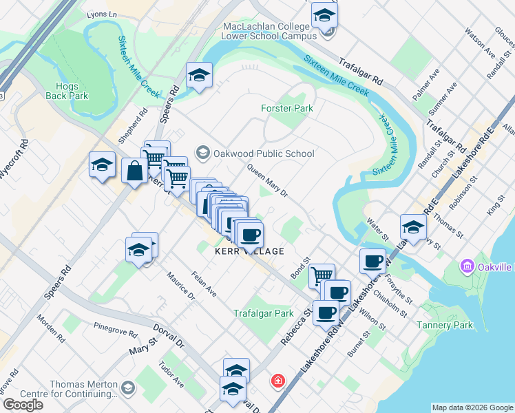 map of restaurants, bars, coffee shops, grocery stores, and more near 35 Normandy Place in Oakville