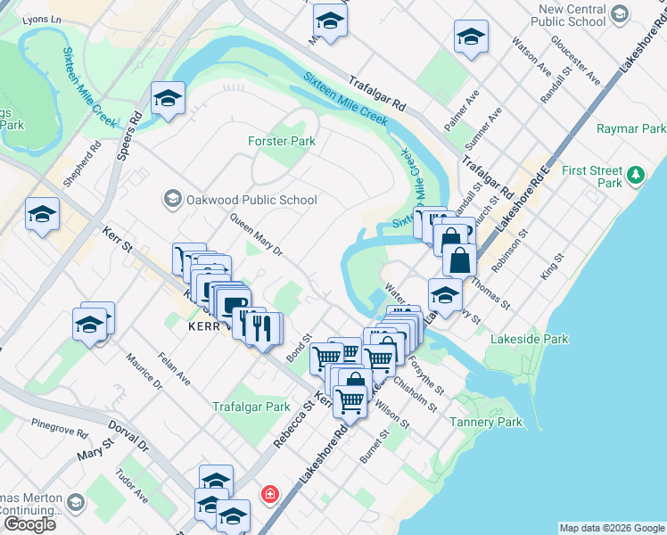 map of restaurants, bars, coffee shops, grocery stores, and more near 191 Queen Mary Drive in Oakville