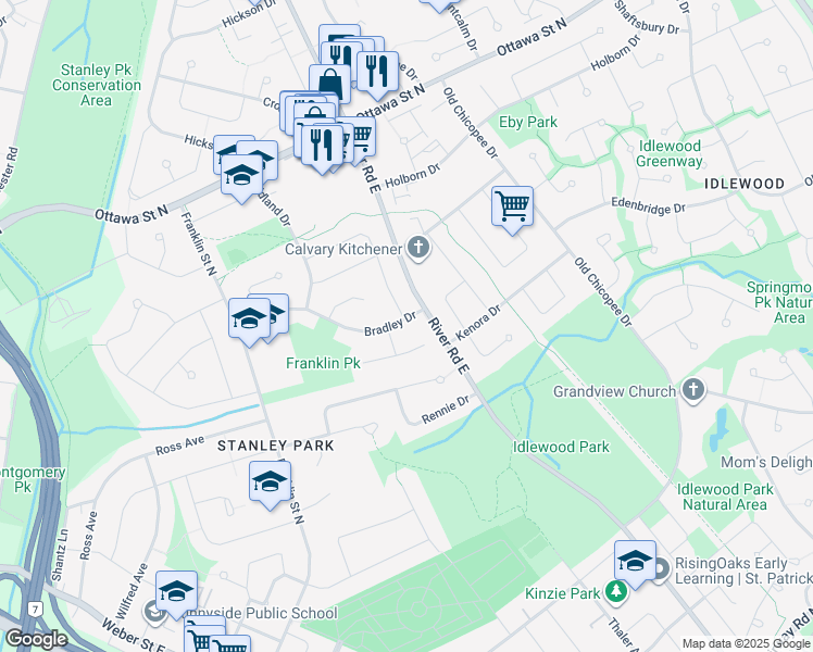map of restaurants, bars, coffee shops, grocery stores, and more near 125 Bradley Drive in Kitchener