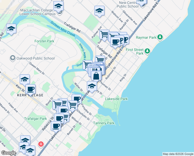 map of restaurants, bars, coffee shops, grocery stores, and more near 146 Lakeshore Road East in Oakville