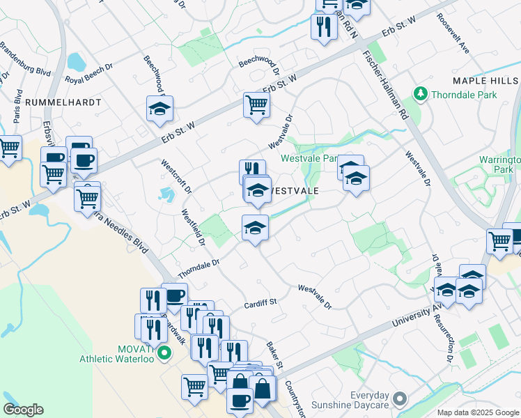 map of restaurants, bars, coffee shops, grocery stores, and more near 274 Westvale Drive in Waterloo