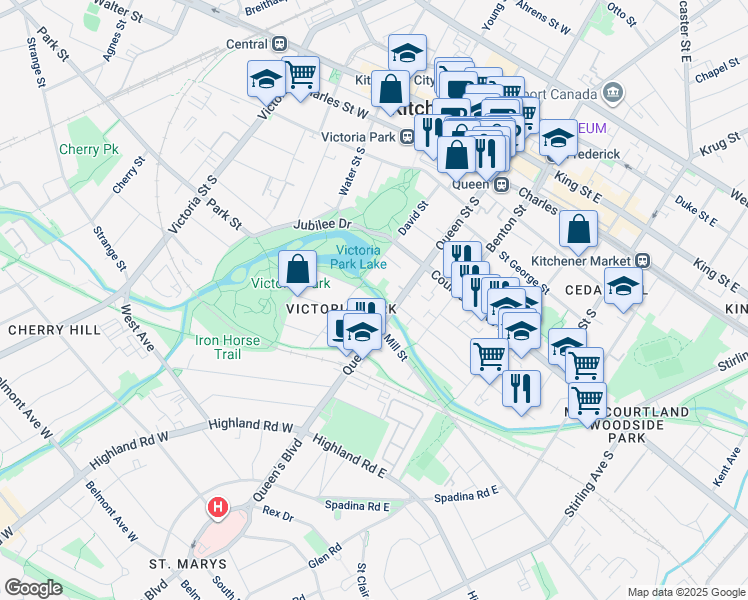 map of restaurants, bars, coffee shops, grocery stores, and more near 466 Queen Street South in Kitchener