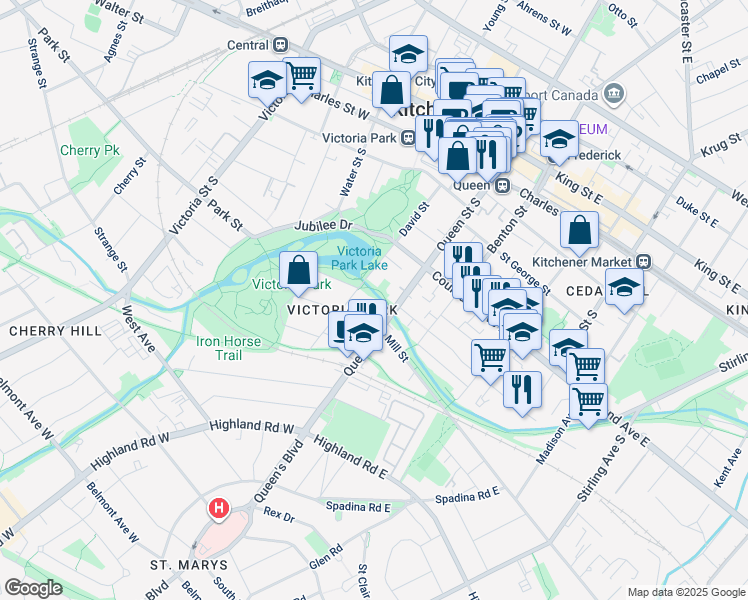 map of restaurants, bars, coffee shops, grocery stores, and more near 466 Queen Street South in Kitchener
