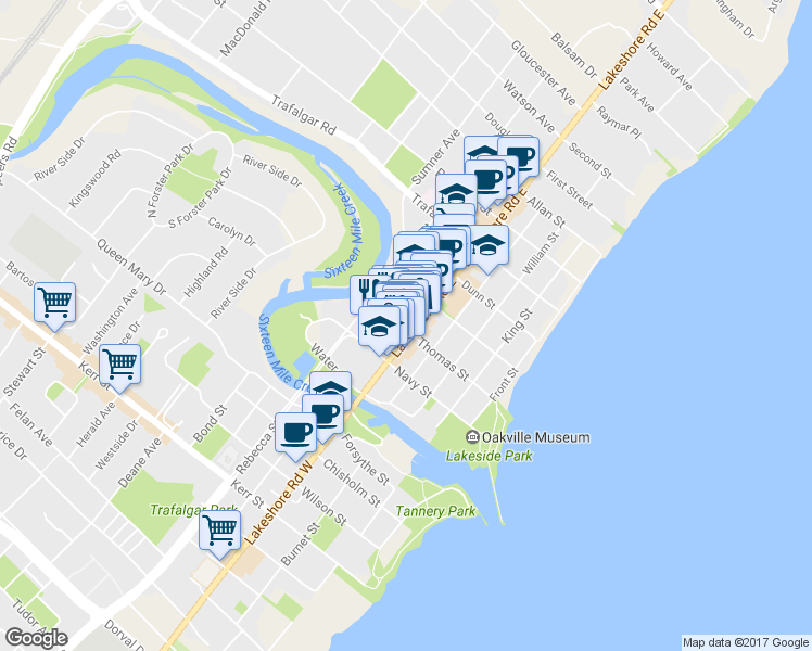 map of restaurants, bars, coffee shops, grocery stores, and more near 103 Thomas Street in Oakville