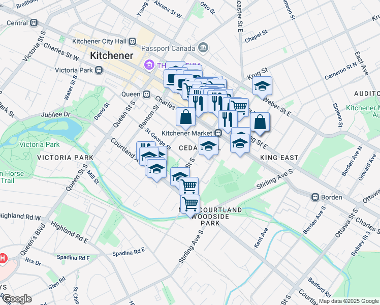 map of restaurants, bars, coffee shops, grocery stores, and more near 86 Cedar Street South in Kitchener