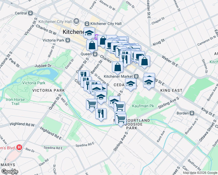 map of restaurants, bars, coffee shops, grocery stores, and more near 97 Saint George Street in Kitchener