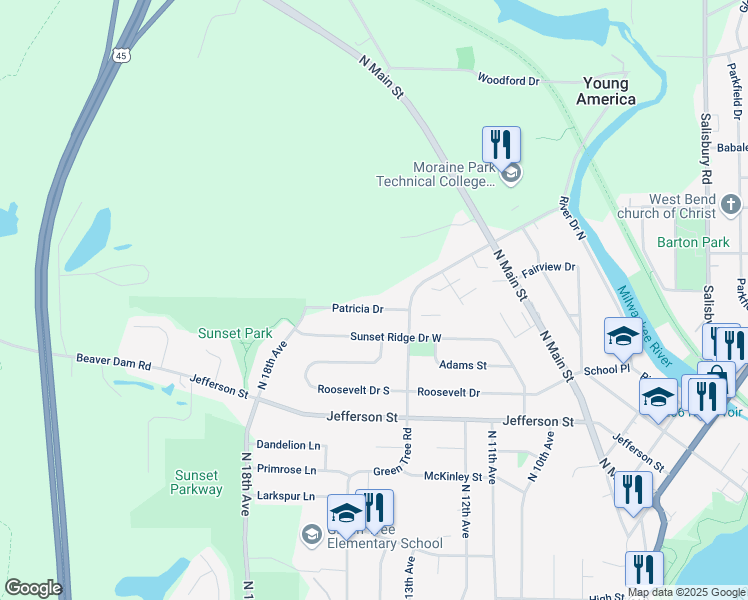 map of restaurants, bars, coffee shops, grocery stores, and more near 1319 Patricia Drive in West Bend