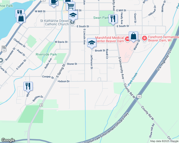 map of restaurants, bars, coffee shops, grocery stores, and more near 400 Jefferson Street in Beaver Dam