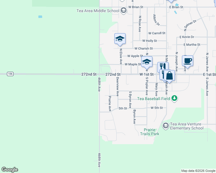 map of restaurants, bars, coffee shops, grocery stores, and more near 300 Prairie Circle in Tea